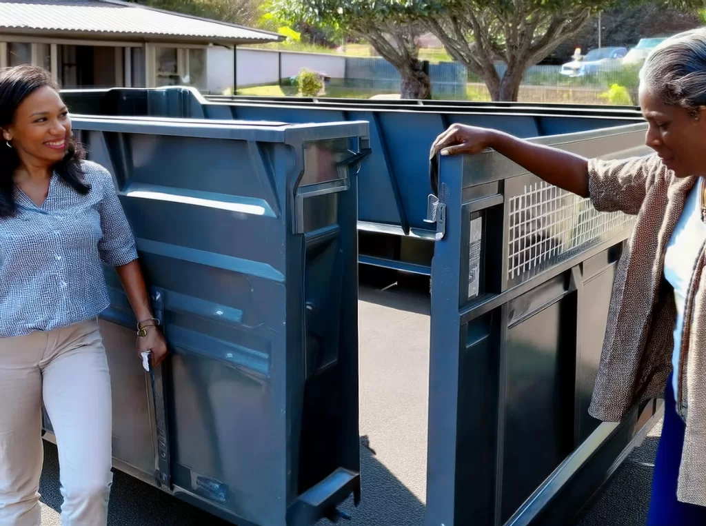 People renting an affordable dumpster.