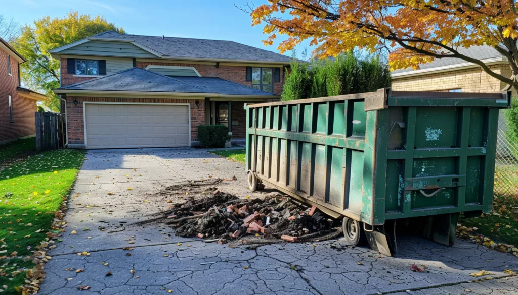 A home renovation project with a mismanaged dumpster in the driveway