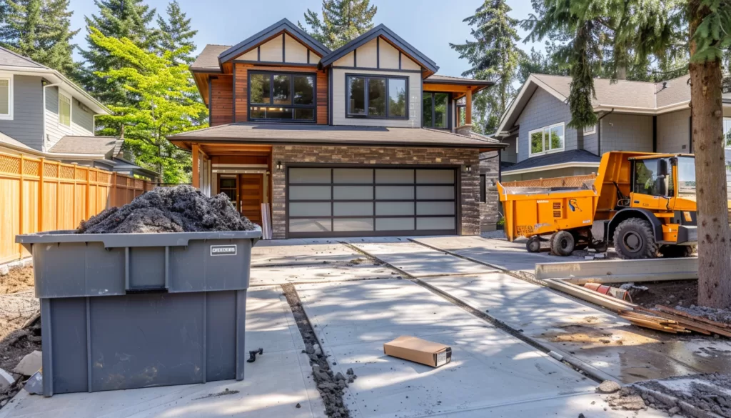 A home renovation project with a dumpster in the driveway