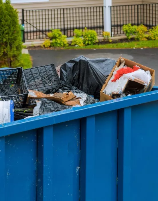 Daily Dumpster - Ooltewah dumpster rental - a blue dumpster full of junk and debris.