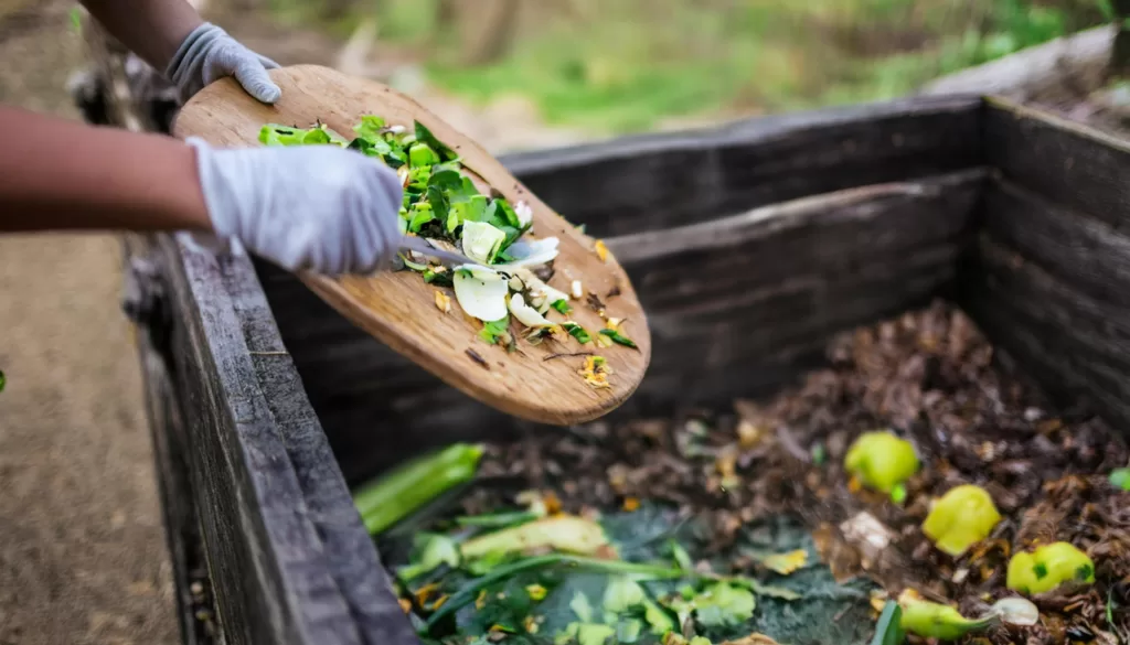 someone composting food waste instead of sending it to a landfill